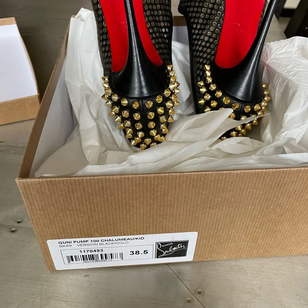 christian louboutin guni black leather gold spike stiletto sz 38.5 preowned